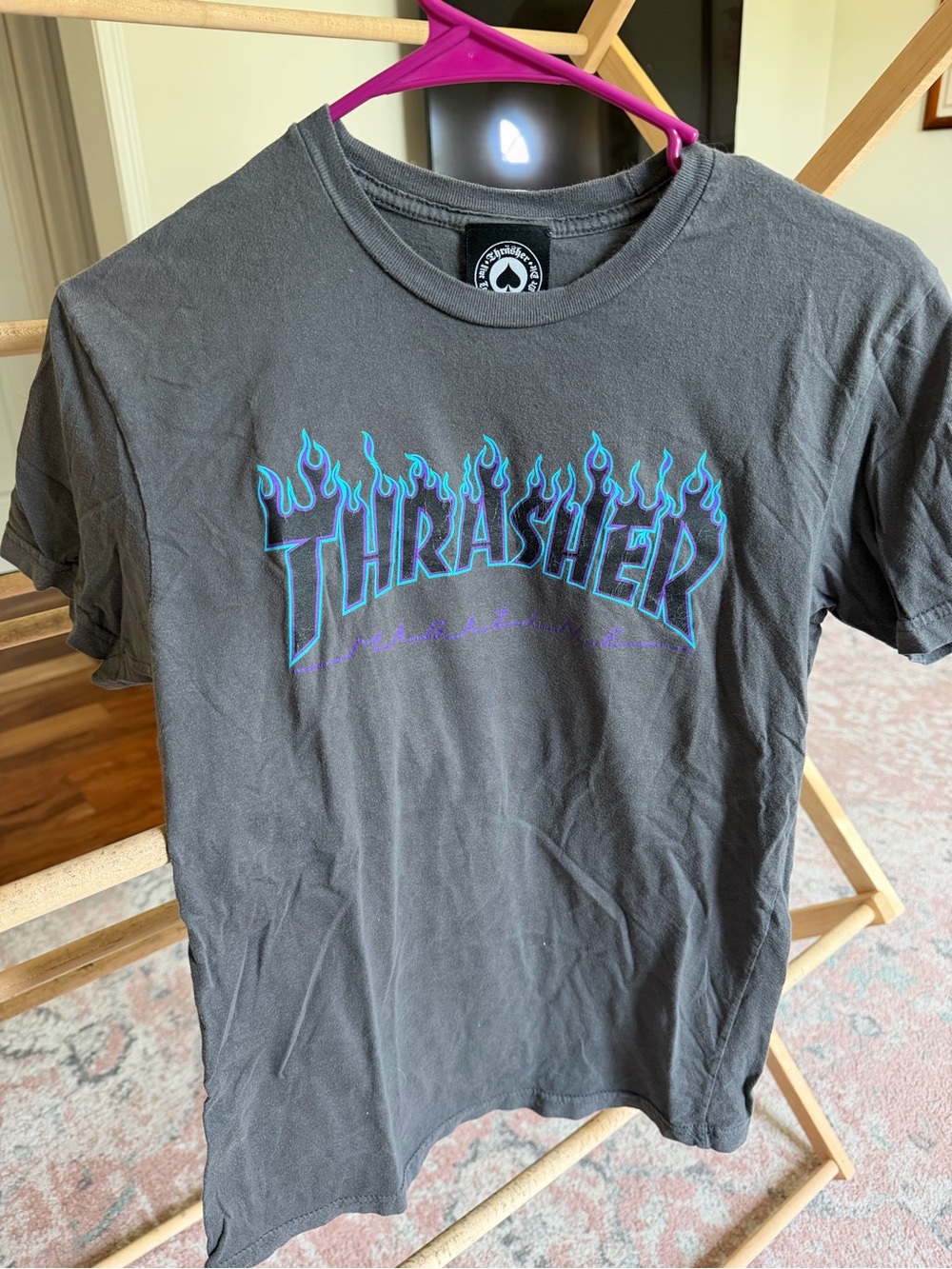 Thrasher Flame Logo Tee in Gray with Blue & Purple Flames